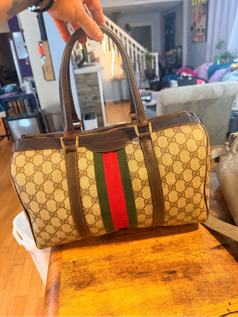 Gucci Beige Monogram Duffel with Red & Green Center Stripe